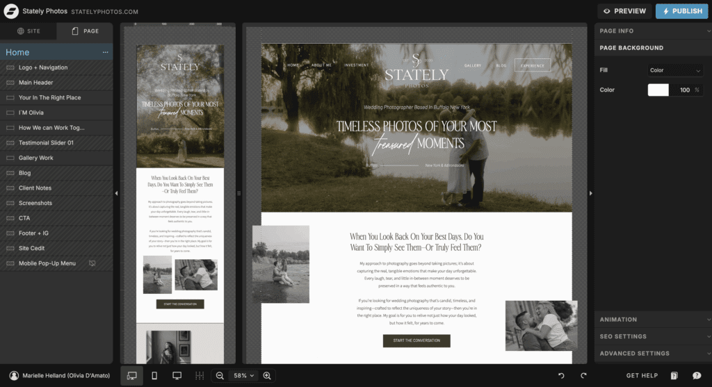 Photographer Showit website on mobile screen